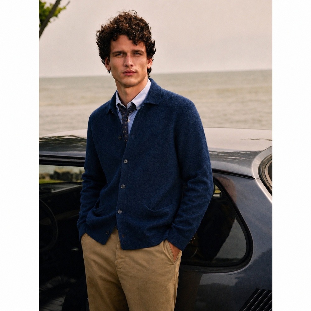 J. Crew Cashmere Cardigan Sweater Large Navy Blue Button Front Knit Polo Collar